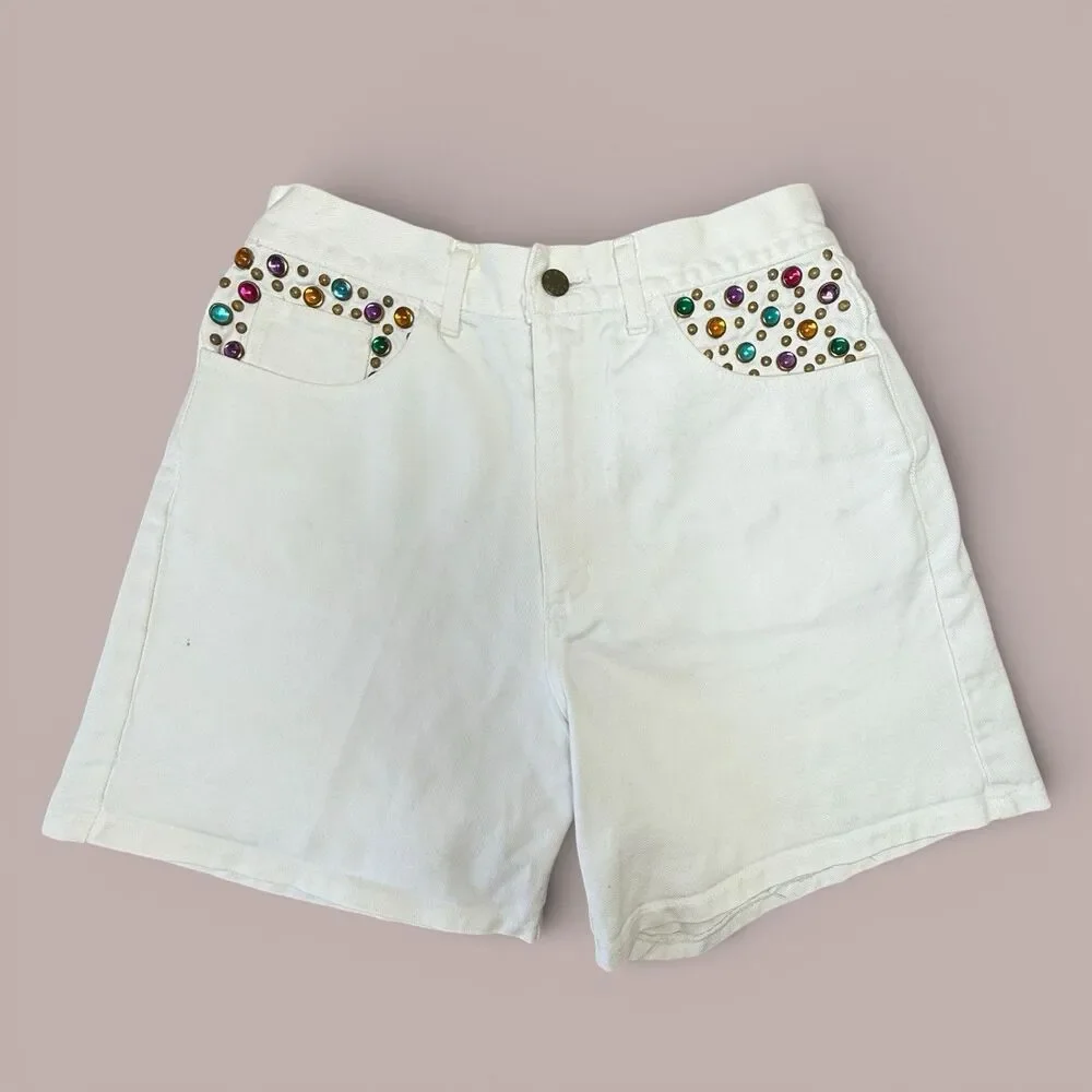 Vtg Bedazzled Bling White Mom Shorts Size 8 Rodeo Western Festival Party 90s